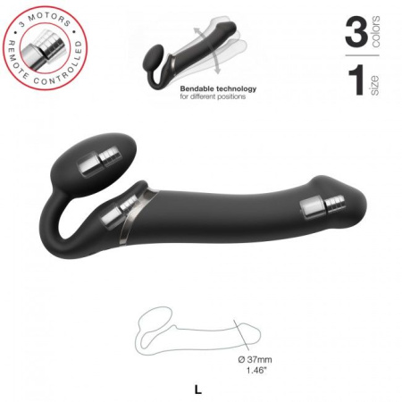 фото Безремневой страпон с вибрацией Strap-On-Me Vibrating Black L, диаметр 3,7см, пульт ДУ, регулируемый