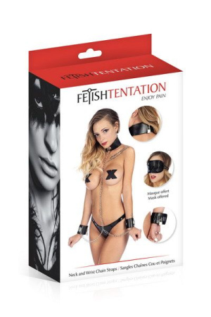 фото Ошейник с наручниками и цепочкой Fetish Tentation Neck and Wrist Chain Straps с маской на глаза