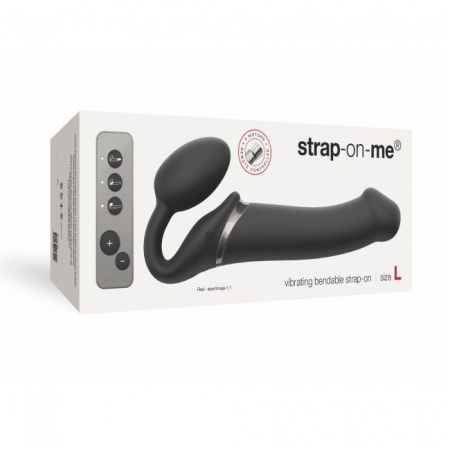 фото Безремневой страпон с вибрацией Strap-On-Me Vibrating Black L, диаметр 3,7см, пульт ДУ, регулируемый